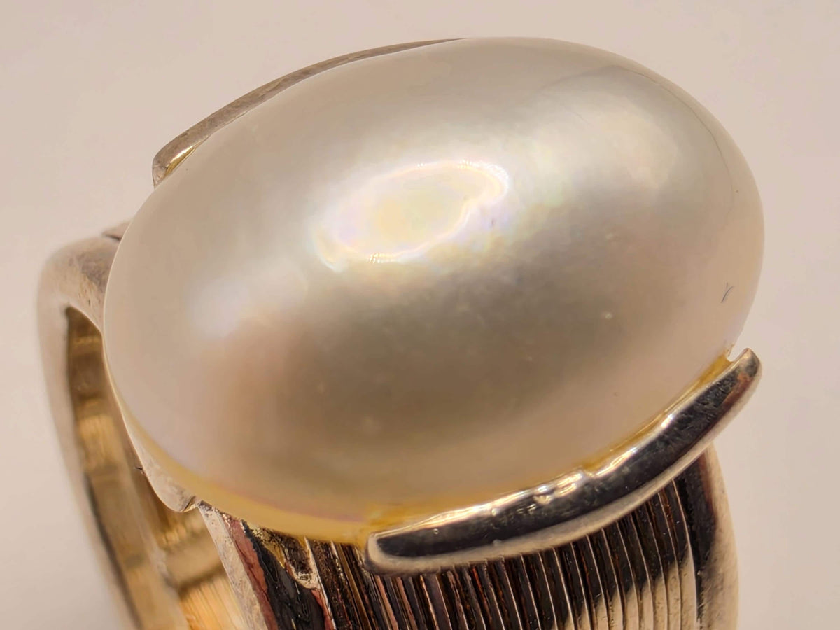 Handmade Sterling Silver White Pearl Ring | Wide Wire Wrap Band, Size 7