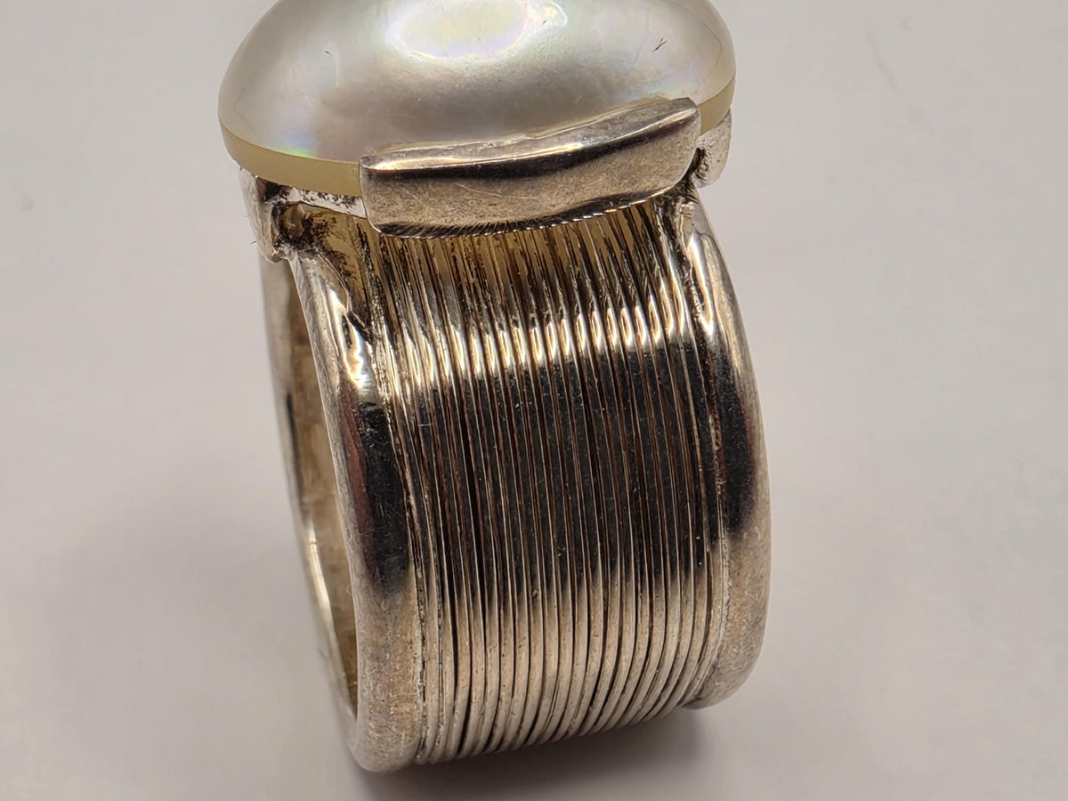 Handmade Sterling Silver White Pearl Ring | Wide Wire Wrap Band, Size 7