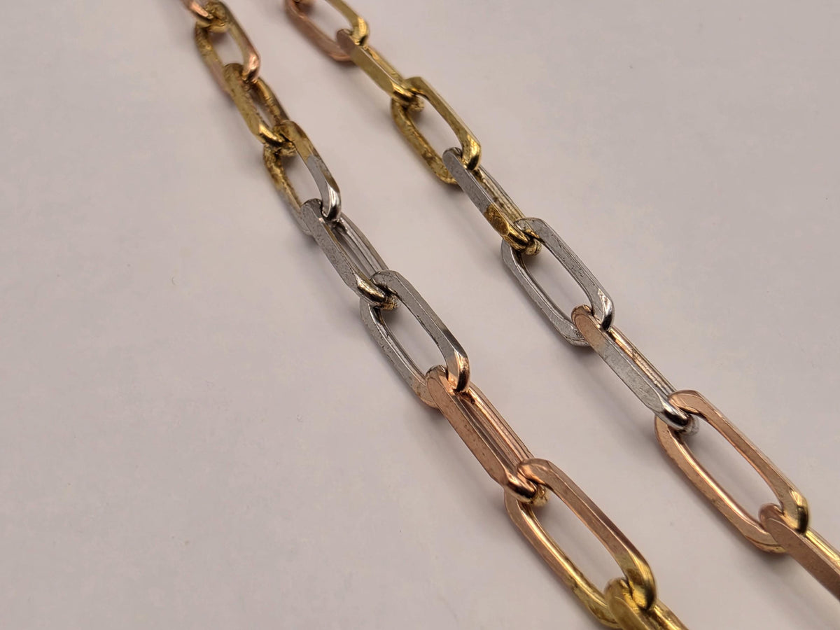 Tri Color Gold Plated Sterling Silver Paperclip Necklace 22 Inch 3mm Mixed Metal Link Chain | Clamdiggers Forge