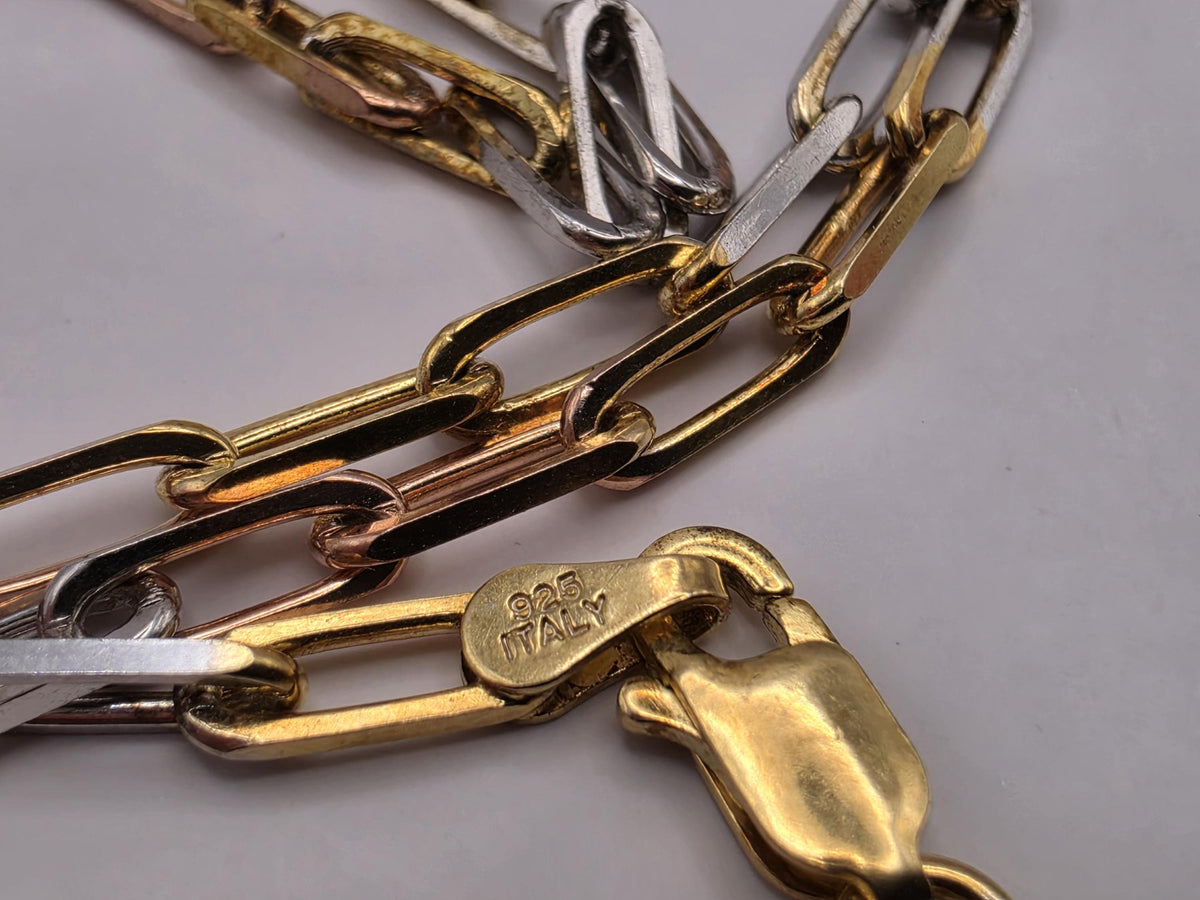 Tri Color Gold Plated Sterling Silver Paperclip Necklace 22 Inch 3mm Mixed Metal Link Chain | Clamdiggers Forge