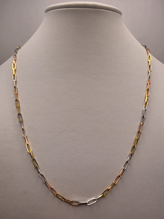 Tri Color Gold Plated Sterling Silver Paperclip Necklace 22 Inch 3mm Mixed Metal Link Chain | Clamdiggers Forge