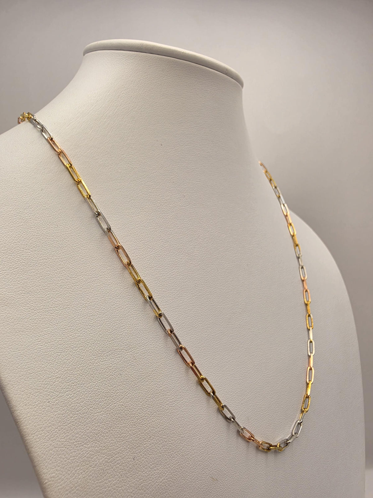 Tri Color Gold Plated Sterling Silver Paperclip Necklace 22 Inch 3mm Mixed Metal Link Chain | Clamdiggers Forge