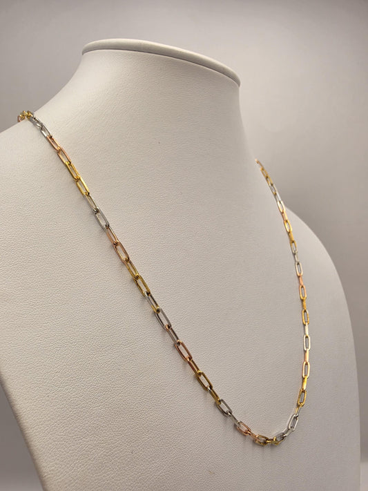 Tri Color Gold Plated Sterling Silver Paperclip Necklace 22 Inch 3mm Mixed Metal Link Chain | Clamdiggers Forge