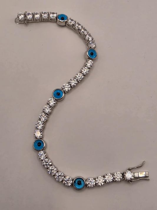 Sterling Silver Evil Eye Tennis Bracelet Clear CZ Blue Nazar 7.5 Inch 17.7g Statement Jewelry | Clamdiggers Forge