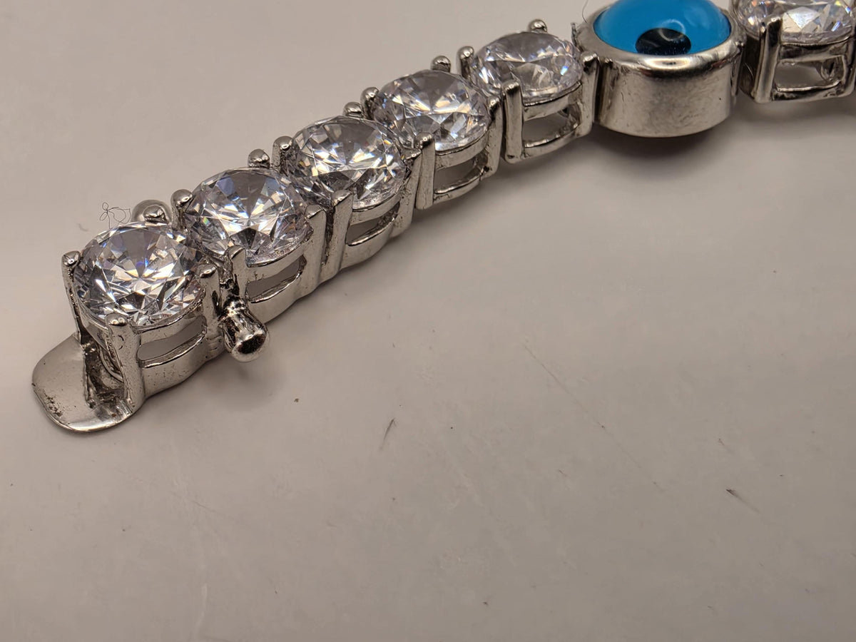 Sterling Silver Evil Eye Tennis Bracelet Clear CZ Blue Nazar 7.5 Inch 17.7g Statement Jewelry | Clamdiggers Forge