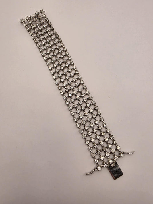 Wide Sterling Silver Crystal Mesh Bracelet 7 Inch 1 Inch 44g Multi Row Statement Cuff Jewelry | Clamdiggers Forge