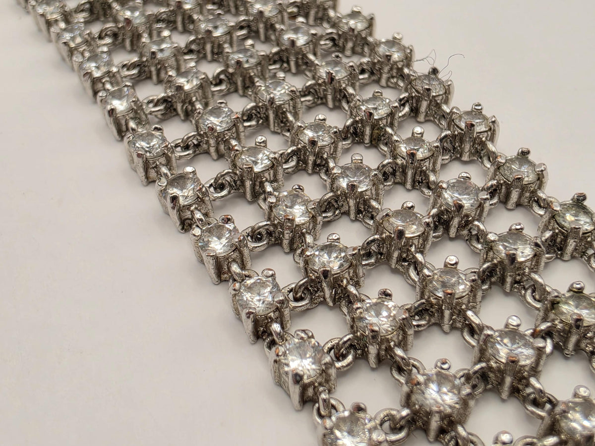 Wide Sterling Silver Crystal Mesh Bracelet 7 Inch 1 Inch 44g Multi Row Statement Cuff Jewelry | Clamdiggers Forge