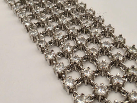 Wide Sterling Silver Crystal Mesh Bracelet 7 Inch 1 Inch 44g Multi Row Statement Cuff Jewelry | Clamdiggers Forge