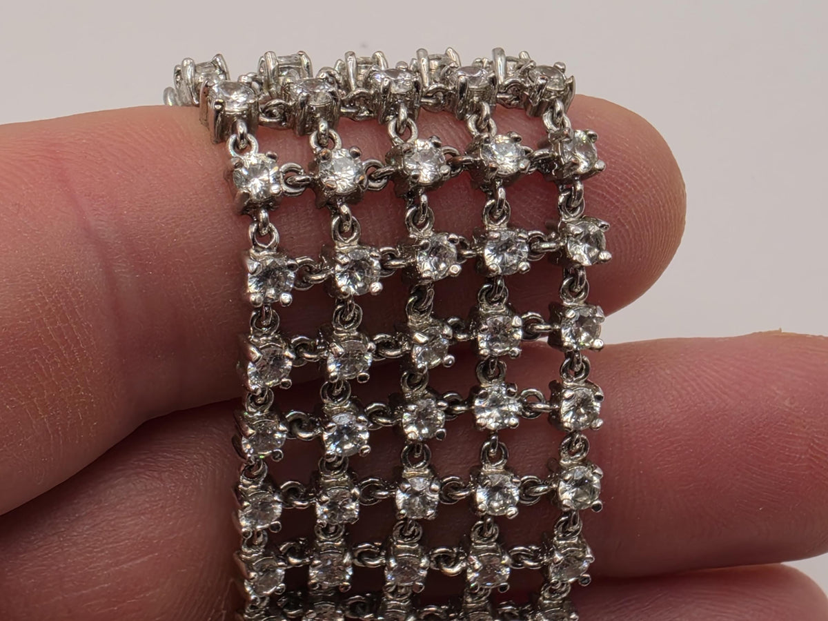 Wide Sterling Silver Crystal Mesh Bracelet 7 Inch 1 Inch 44g Multi Row Statement Cuff Jewelry | Clamdiggers Forge