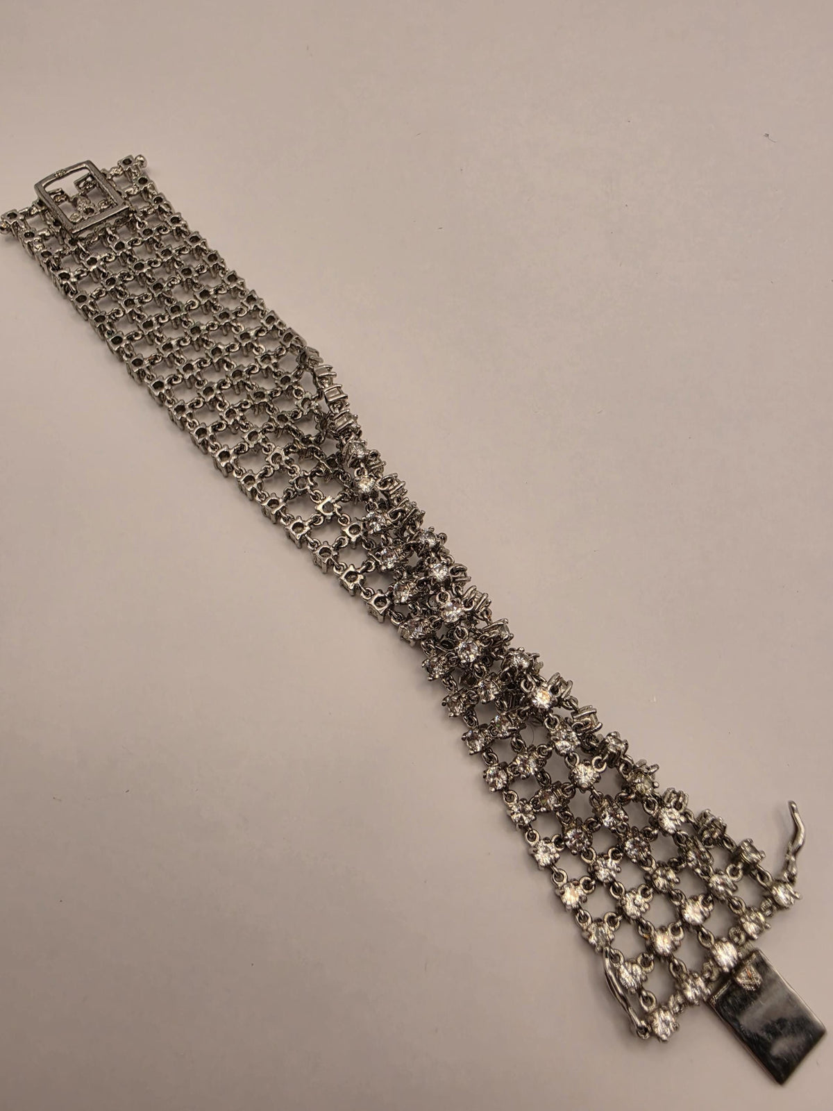 Wide Sterling Silver Crystal Mesh Bracelet 7 Inch 1 Inch 44g Multi Row Statement Cuff Jewelry | Clamdiggers Forge
