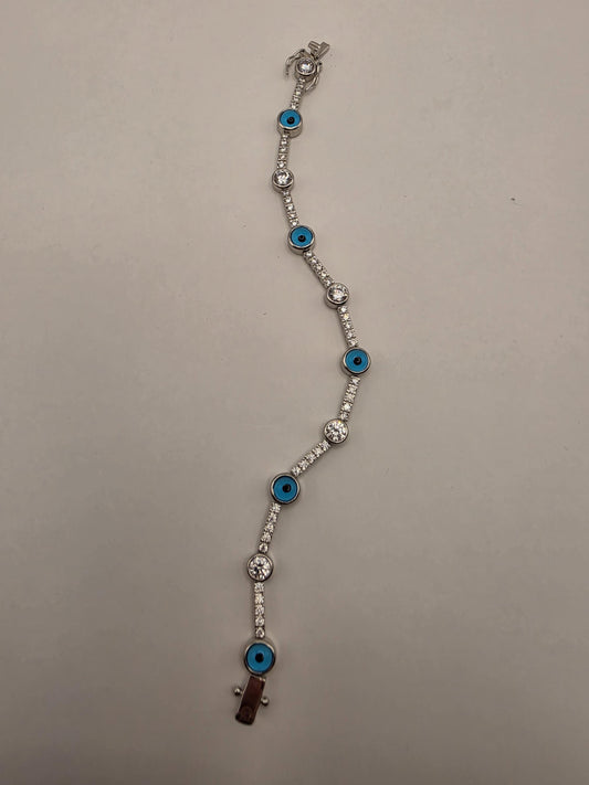 Sterling Silver Evil Eye CZ Station Bracelet 7 Inch 7.5mm Blue Nazar Tennis Style Jewelry | Clamdiggers Forge