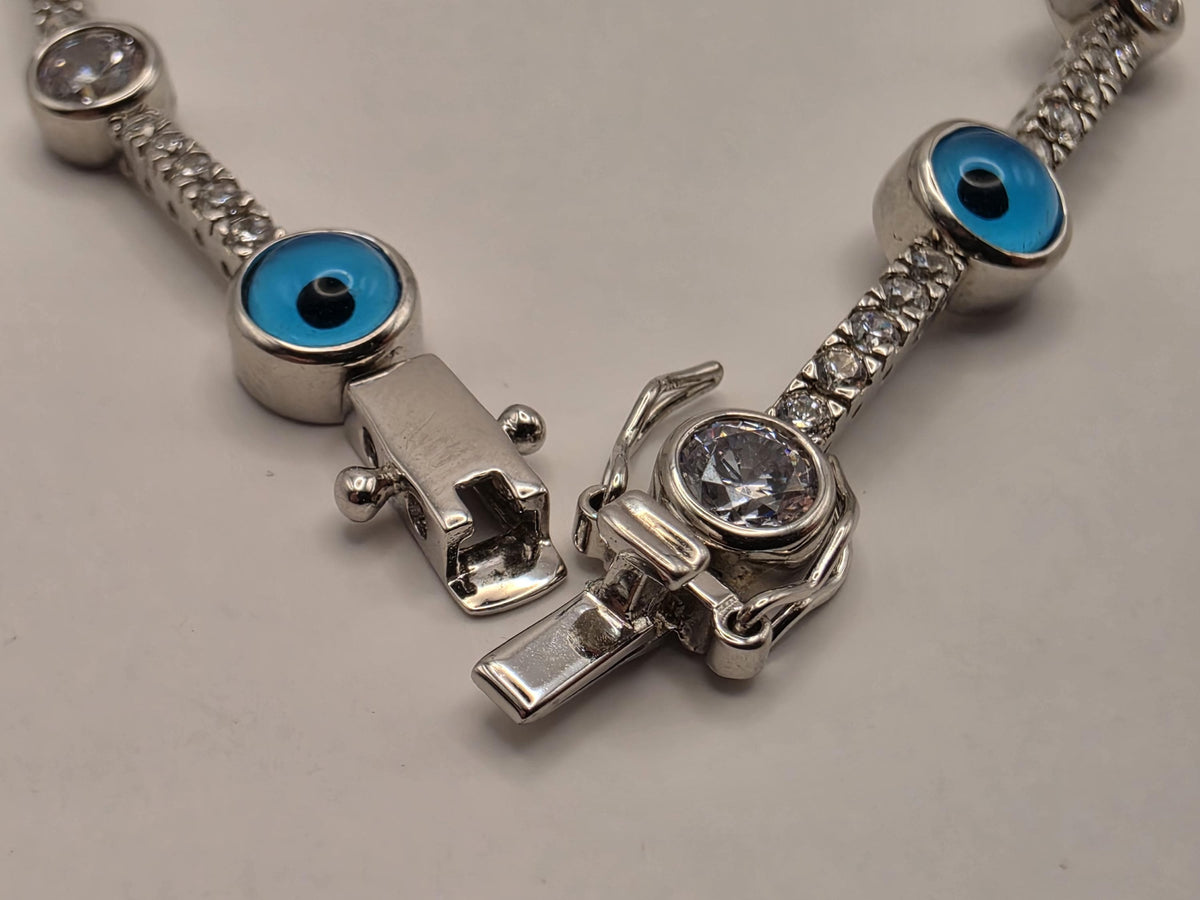 Sterling Silver Evil Eye CZ Station Bracelet 7 Inch 7.5mm Blue Nazar Tennis Style Jewelry | Clamdiggers Forge