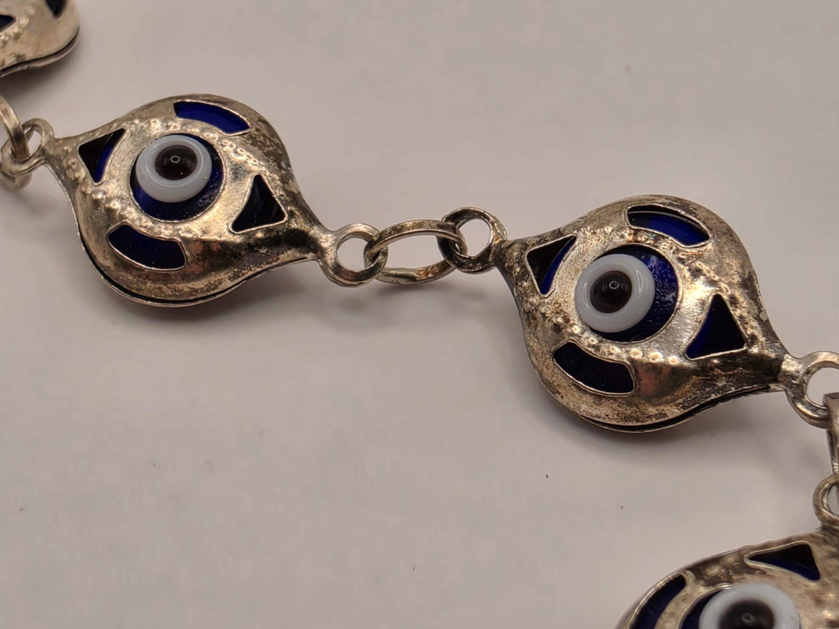 Sterling Silver Evil Eye Link Bracelet 7.5 Inch 8.5mm Blue Enamel Nazar Protection Jewelry | Clamdiggers Forge