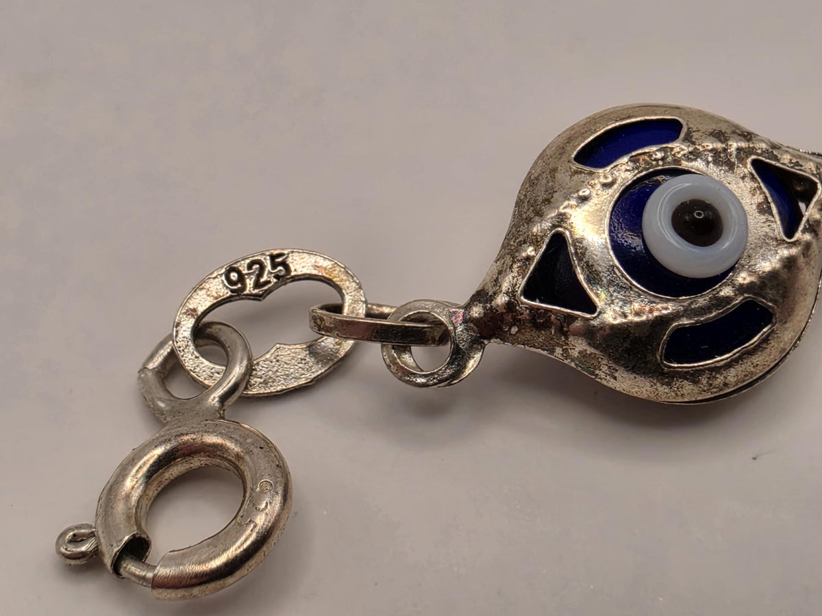 Sterling Silver Evil Eye Link Bracelet 7.5 Inch 8.5mm Blue Enamel Nazar Protection Jewelry | Clamdiggers Forge