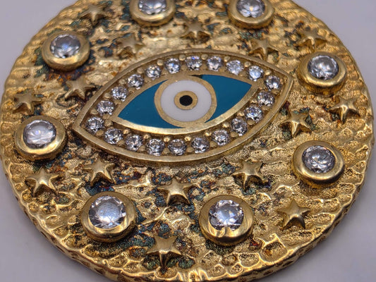 Gold Plated Sterling Silver Evil Eye Medallion Pendant Blue Enamel CZ Round Protection Charm | Clamdiggers Forge