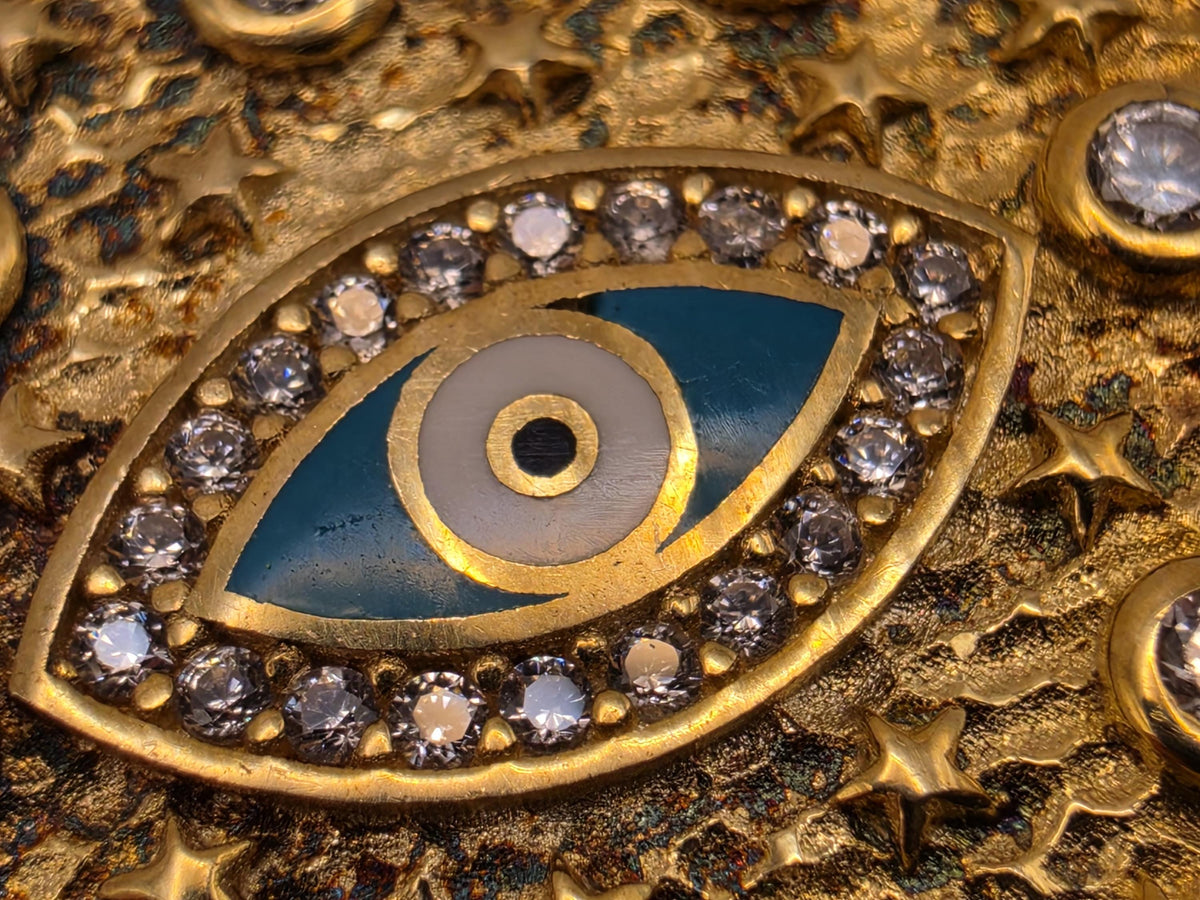 Gold Plated Sterling Silver Evil Eye Medallion Pendant Blue Enamel CZ Round Protection Charm | Clamdiggers Forge