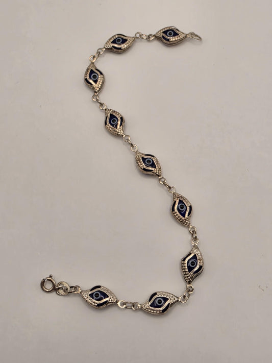 Sterling Silver Blue Evil Eye Link Bracelet 7.5 Inch 7.5mm Enamel Protection Jewelry | Clamdiggers Forge