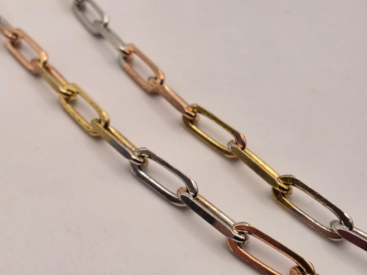 Tri Color Gold Plated Sterling Silver Paperclip Necklace 20 Inch 3mm Mixed Metal Link Chain | Clamdiggers Forge