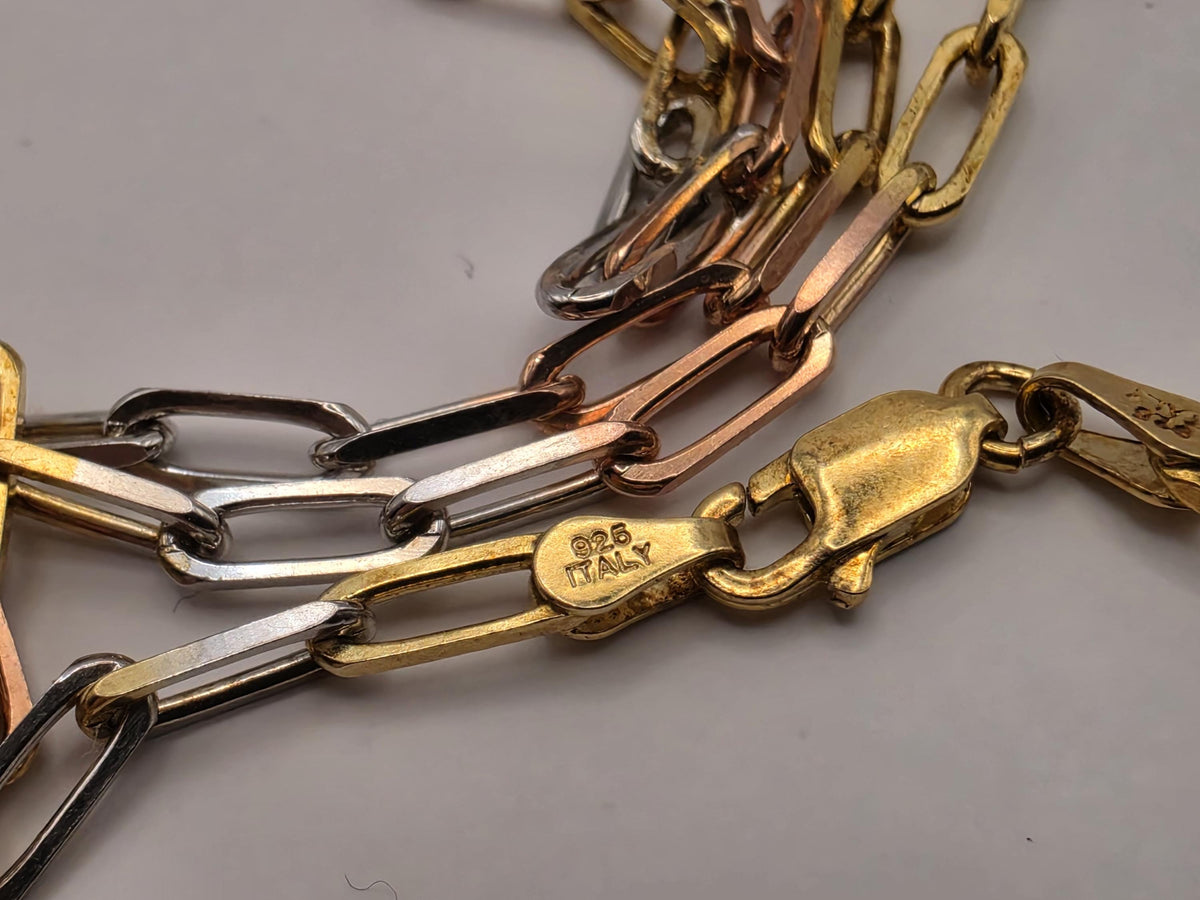 Tri Color Gold Plated Sterling Silver Paperclip Necklace 20 Inch 3mm Mixed Metal Link Chain | Clamdiggers Forge