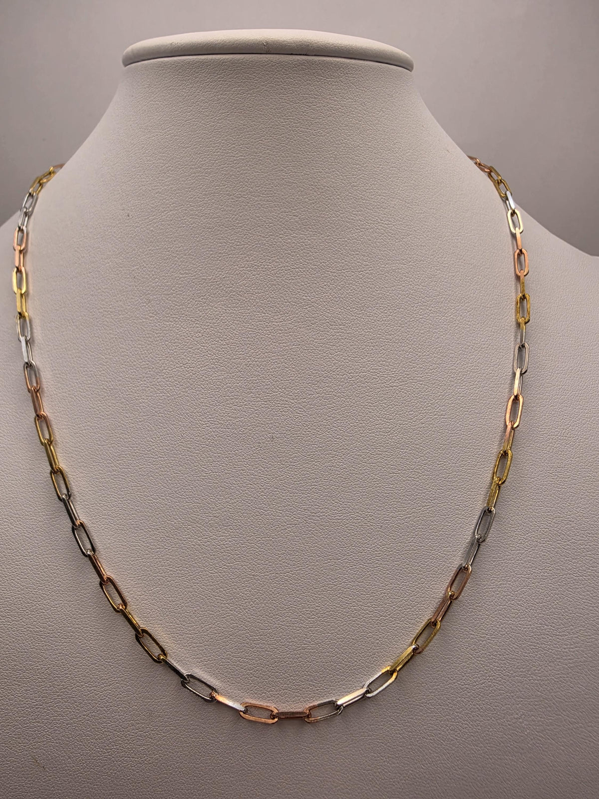 Tri Color Gold Plated Sterling Silver Paperclip Necklace 20 Inch 3mm Mixed Metal Link Chain | Clamdiggers Forge