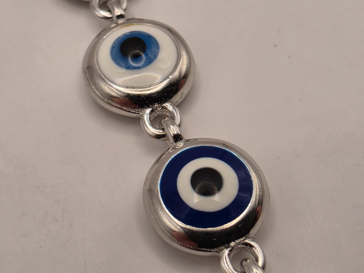 Sterling Silver Blue Evil Eye Station Bracelet 8 Inch 6.3mm Nazar Protection Jewelry | Clamdiggers Forge