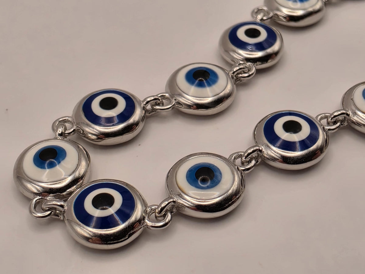 Sterling Silver Blue Evil Eye Station Bracelet 8 Inch 6.3mm Nazar Protection Jewelry | Clamdiggers Forge