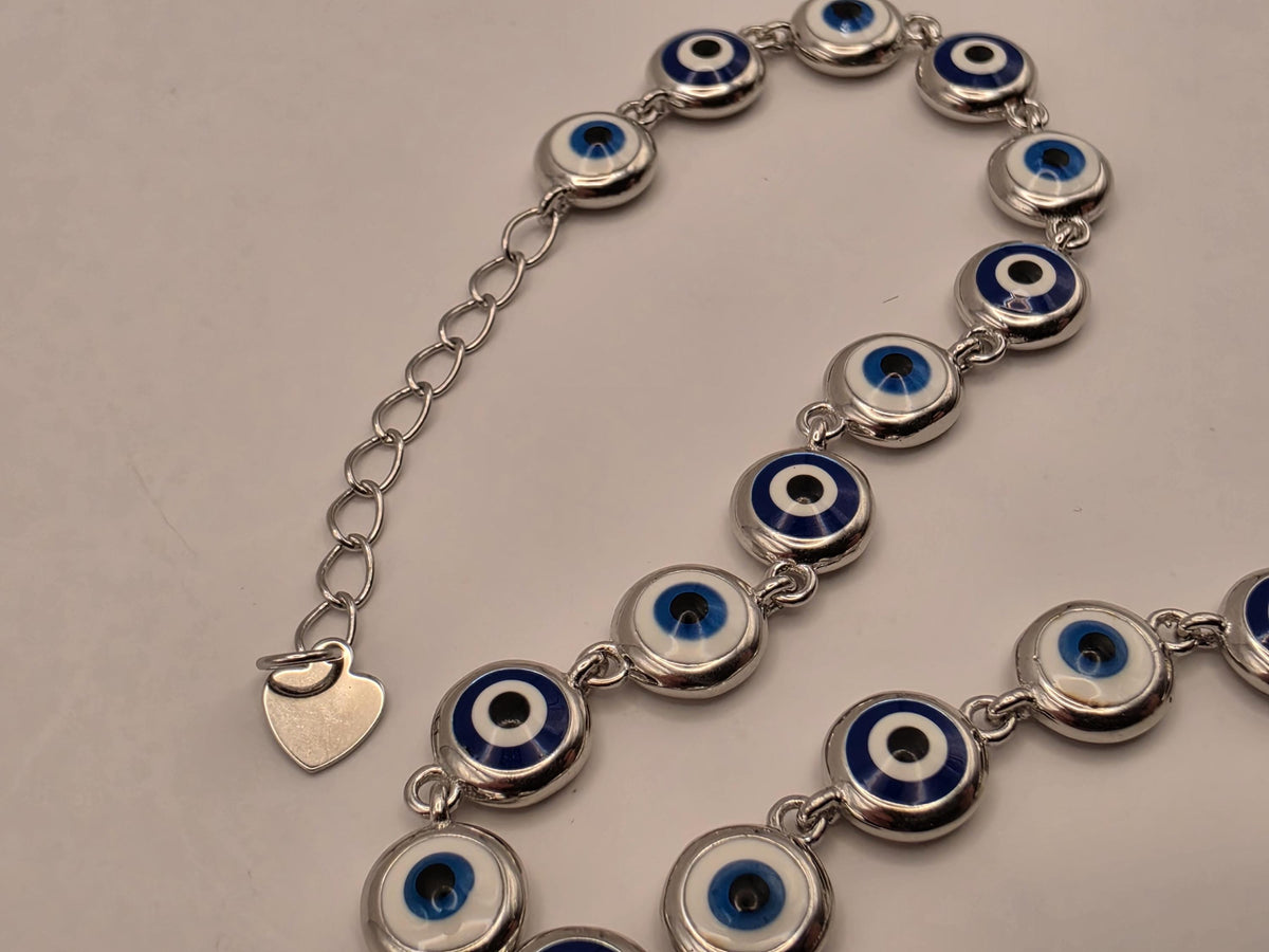 Sterling Silver Blue Evil Eye Station Bracelet 8 Inch 6.3mm Nazar Protection Jewelry | Clamdiggers Forge