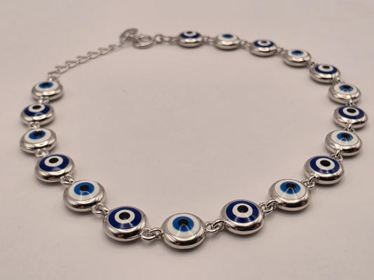 Sterling Silver Blue Evil Eye Station Bracelet 8 Inch 6.3mm Nazar Protection Jewelry | Clamdiggers Forge
