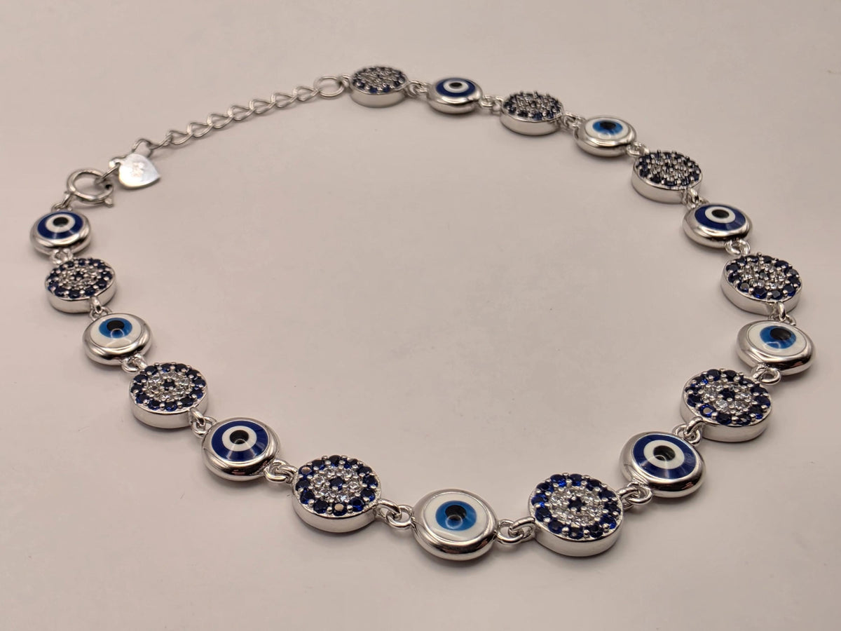 Sterling Silver Evil Eye CZ Halo Bracelet 8 Inch 7mm Blue Nazar Station Protection Jewelry | Clamdiggers Forge
