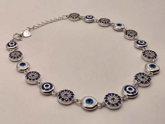 Sterling Silver Evil Eye CZ Halo Bracelet 8 Inch 7mm Blue Nazar Station Protection Jewelry | Clamdiggers Forge