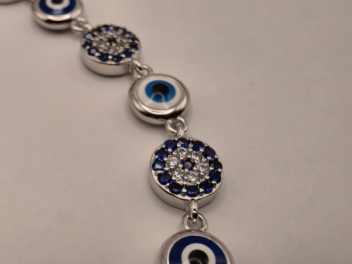 Sterling Silver Evil Eye CZ Halo Bracelet 8 Inch 7mm Blue Nazar Station Protection Jewelry | Clamdiggers Forge