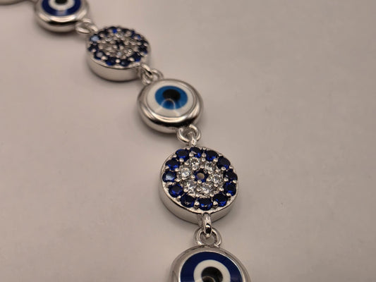 Sterling Silver Evil Eye CZ Halo Bracelet 8 Inch 7mm Blue Nazar Station Protection Jewelry | Clamdiggers Forge