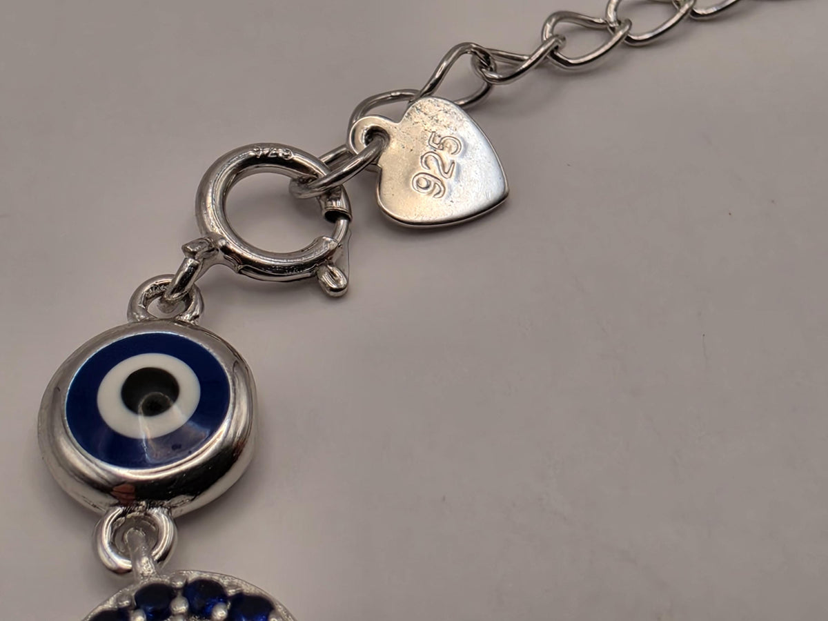 Sterling Silver Evil Eye CZ Halo Bracelet 8 Inch 7mm Blue Nazar Station Protection Jewelry | Clamdiggers Forge