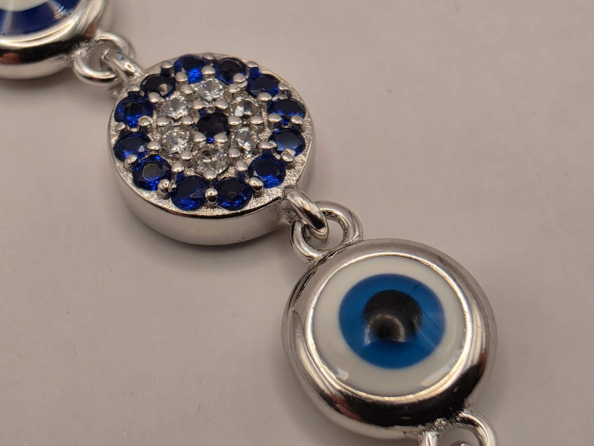 Sterling Silver Evil Eye CZ Halo Bracelet 8 Inch 7mm Blue Nazar Station Protection Jewelry | Clamdiggers Forge