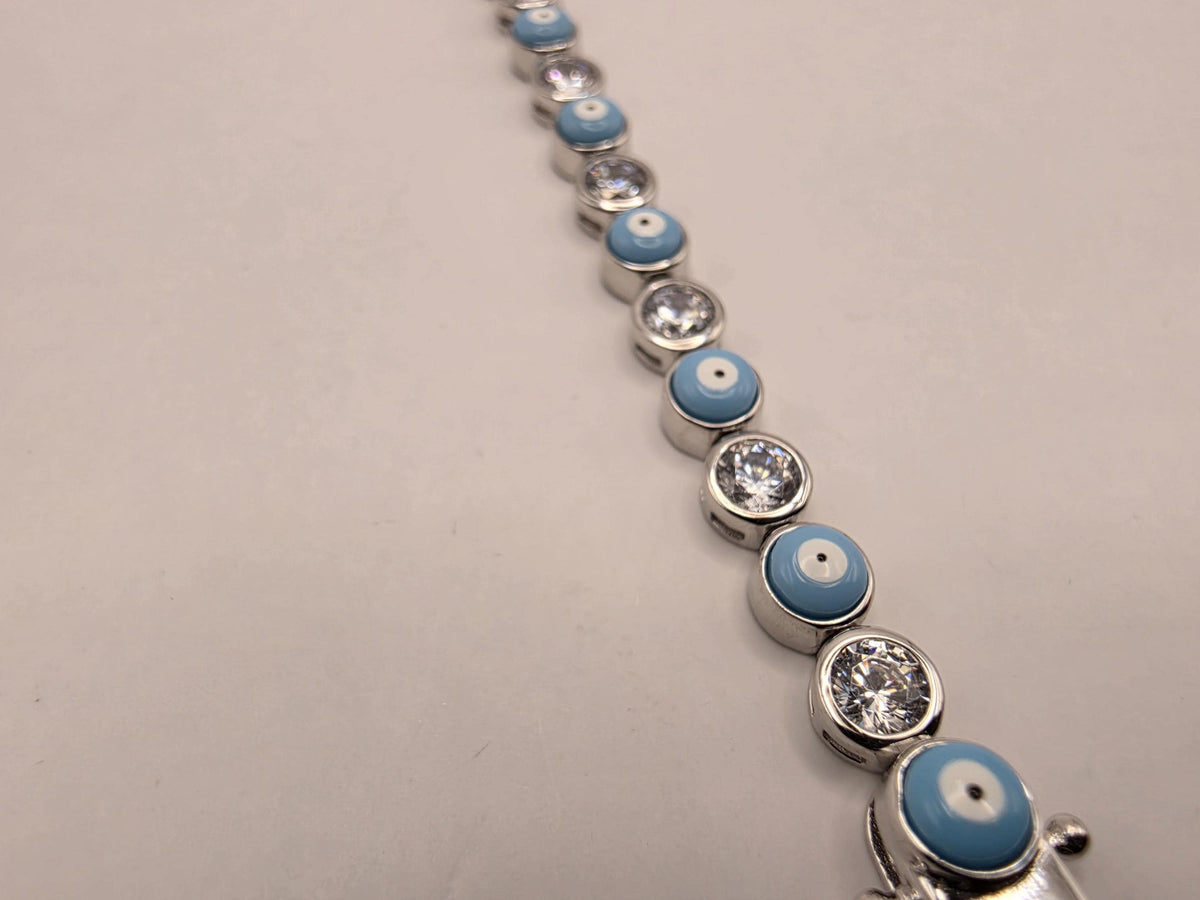 Sterling Silver Light Blue Evil Eye CZ Tennis Bracelet 8 Inch 5mm Nazar Bezel Station Jewelry | Clamdiggers Forge