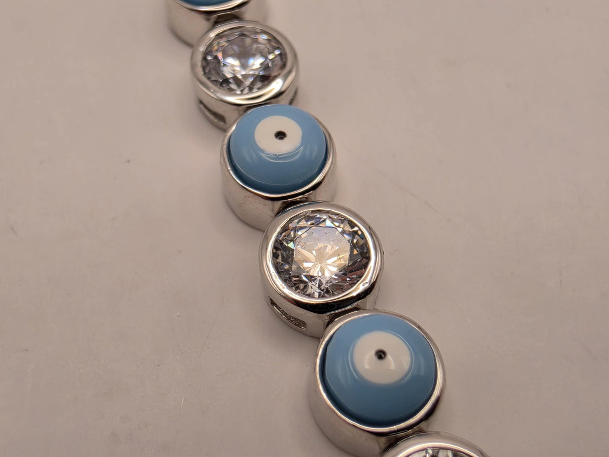 Sterling Silver Light Blue Evil Eye CZ Tennis Bracelet 8 Inch 5mm Nazar Bezel Station Jewelry | Clamdiggers Forge