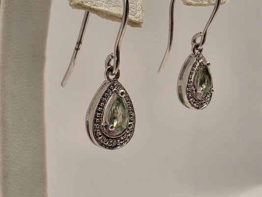 Sterling Silver Green Teardrop Halo Earrings Clear CZ French Wire Dangle Pair .5 Inch | Clamdiggers Forge