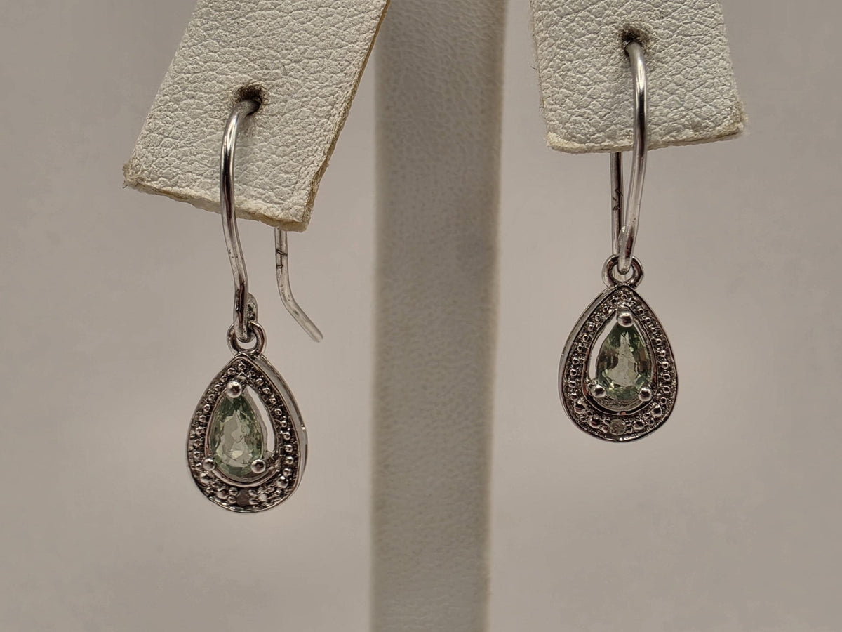 Sterling Silver Green Teardrop Halo Earrings Clear CZ French Wire Dangle Pair .5 Inch | Clamdiggers Forge