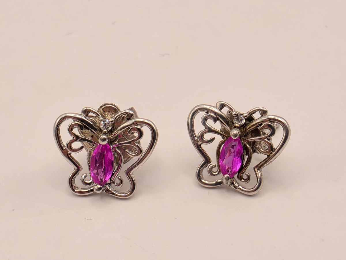Sterling Silver Butterfly Stud Earrings Pink Teardrop Stone Openwork Pair .375 x .5 Inch | Clamdiggers Forge