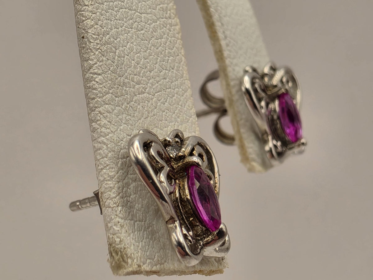 Sterling Silver Butterfly Stud Earrings Pink Teardrop Stone Openwork Pair .375 x .5 Inch | Clamdiggers Forge