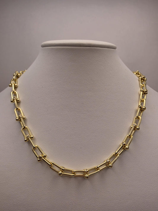 Gold Plated Sterling Silver CZ Ball Link Paperclip Necklace, 18 Inch, 6.3mm