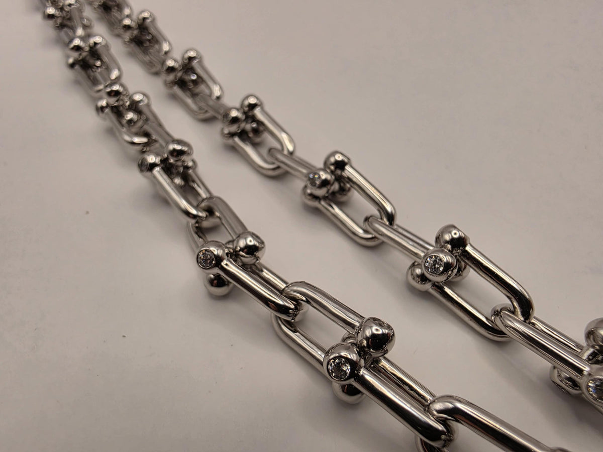 Sterling Silver CZ Ball Link Paperclip Necklace, 18 Inch, 6.8mm, 54.3g