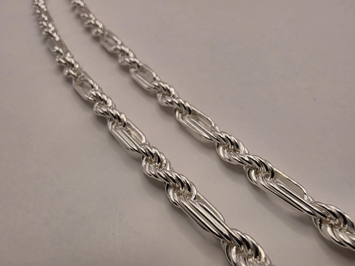 Sterling Silver Rope and Bar Link Necklace, 22 Inch, 5mm Mixed Link Chain
