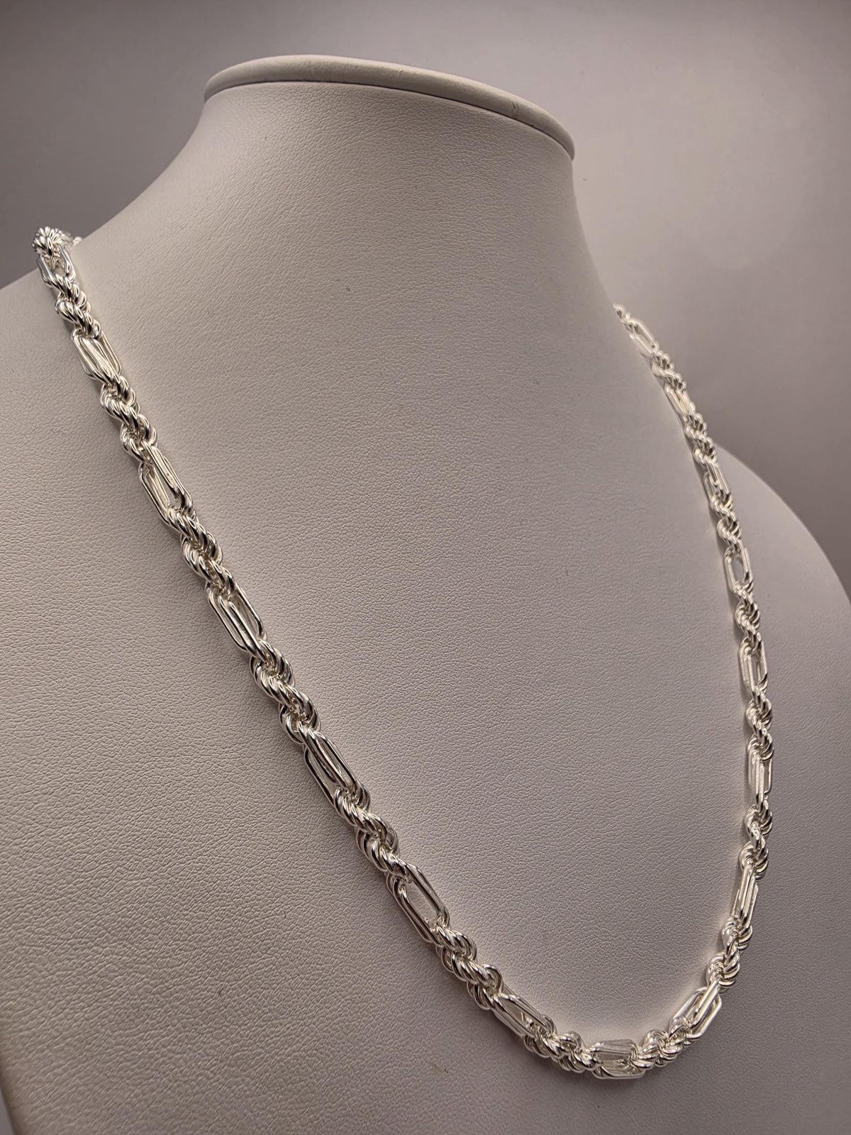 Sterling Silver Rope and Bar Link Necklace, 22 Inch, 5mm Mixed Link Chain