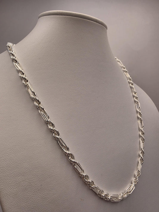 Sterling Silver Rope and Bar Link Necklace, 22 Inch, 5mm Mixed Link Chain
