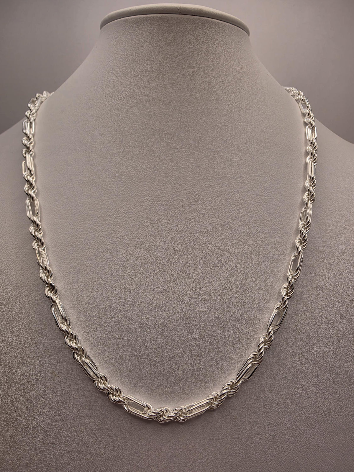 Sterling Silver Rope and Bar Link Necklace, 22 Inch, 5mm Mixed Link Chain