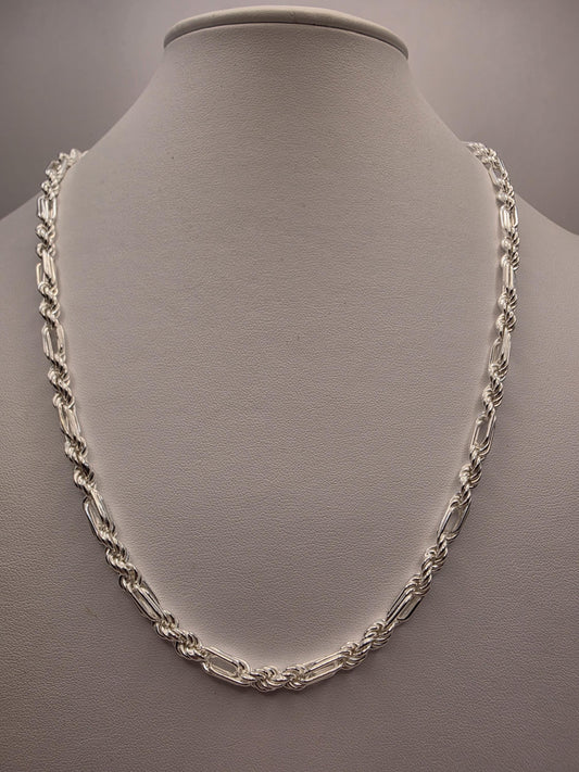 Sterling Silver Rope and Bar Link Necklace, 22 Inch, 5mm Mixed Link Chain