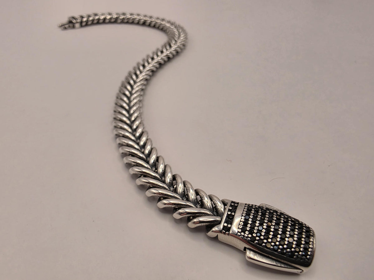 Sterling Silver Chevron Chain Bracelet, 8 Inch, 9mm, Black CZ Clasp