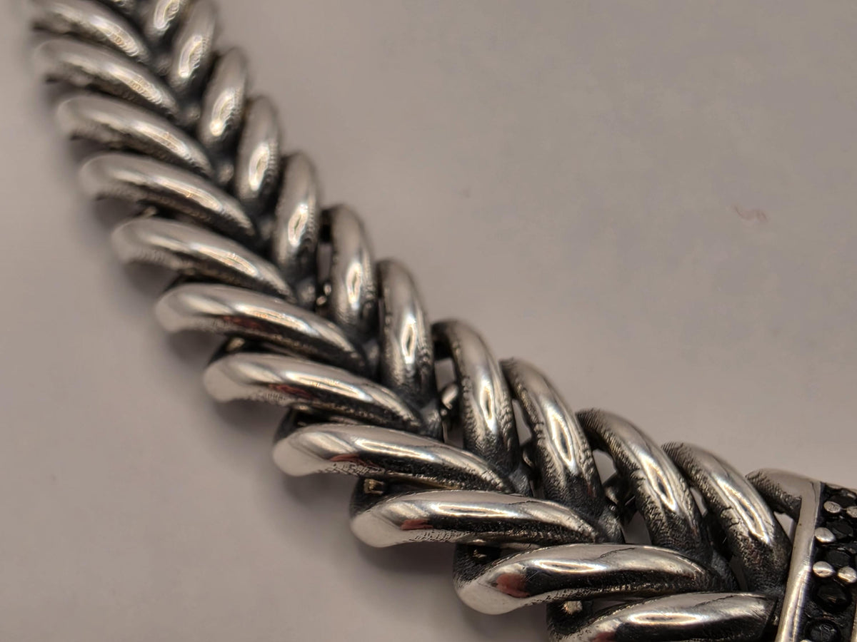 Sterling Silver Chevron Chain Bracelet, 8 Inch, 9mm, Black CZ Clasp