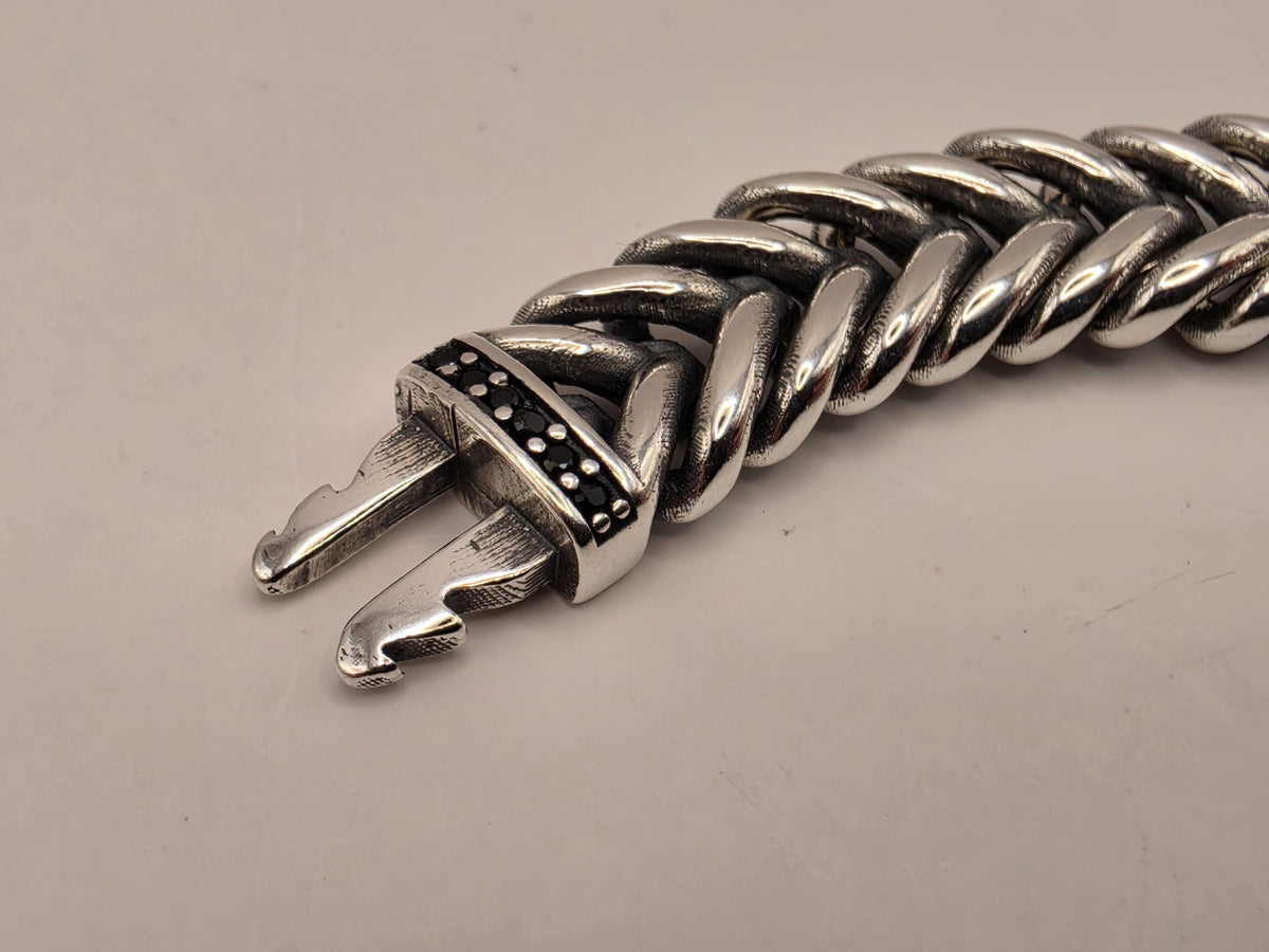 Sterling Silver Chevron Chain Bracelet, 8 Inch, 9mm, Black CZ Clasp